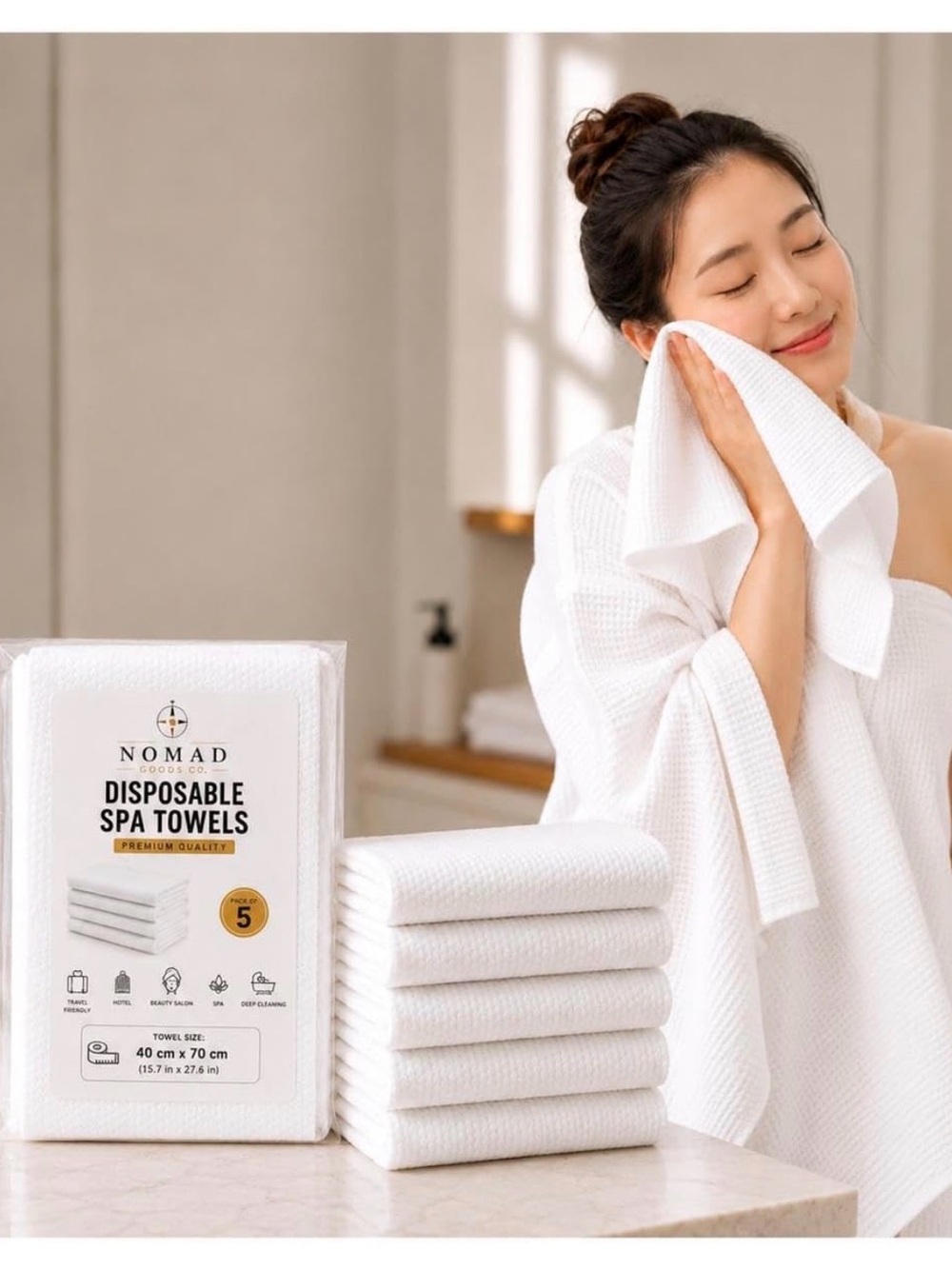 Disposable Spa Towels 5 Pack White Non-Woven Soft Absorbent Travel Hotel Salon